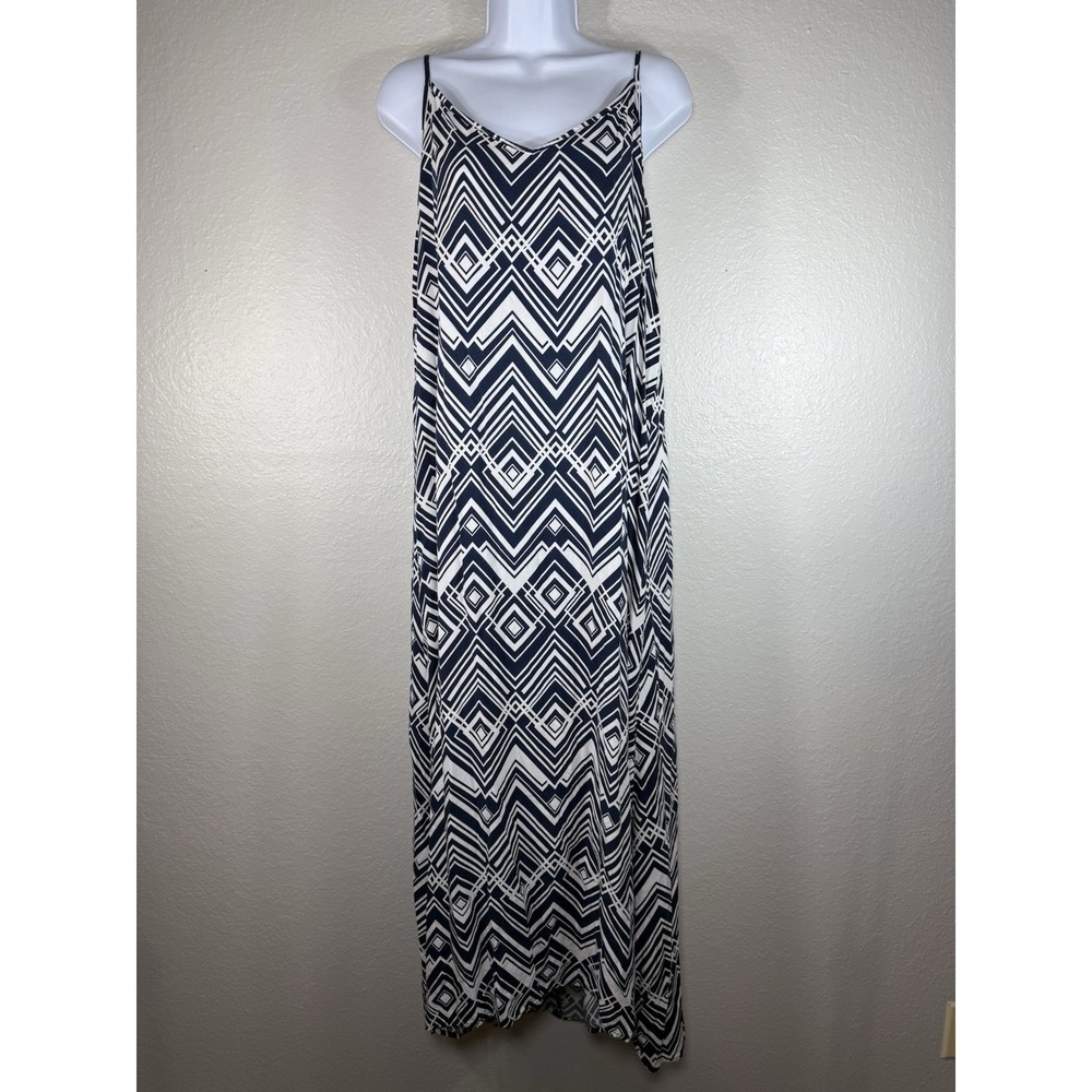 Gap Maxi Sundress Womens L Blue Geo Print Adjustable Strap Rayon Summer Boho